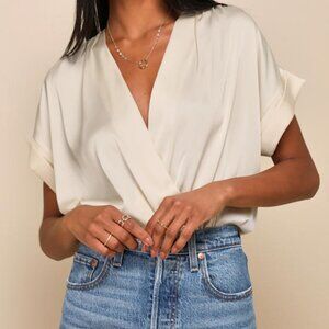 Lulus Posh Precision Champagne Satin Surplice Short Sleeve Bodysuit Beige